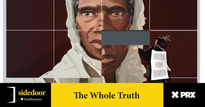 A large slide puzzle featuring Sojourner Truth's face. A small, determined figure, a suffragette, is busy moving the puzzle pieces around. The suffragette is holding a sign that reads, "Votes for Women."