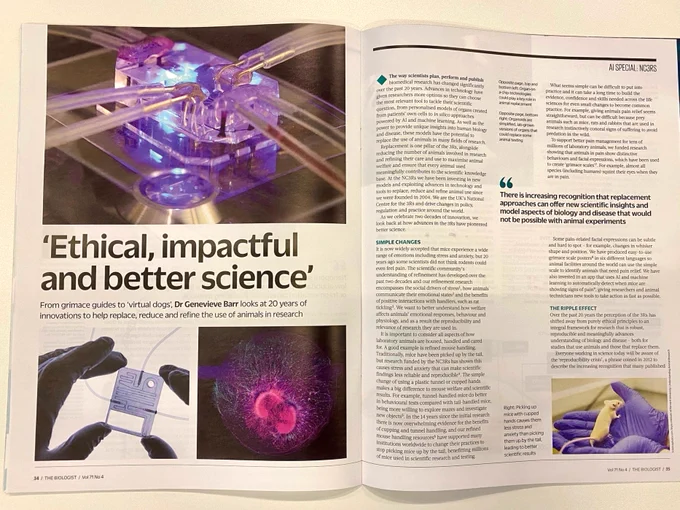 Photo of the biologist magazine showing the first two pages of the article: Ethical, impactful and better science, showcasing innovations from the NC3Rs that have helped to replace, reduce and refine the use of animals in research.