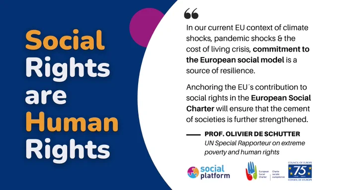 In our current EU context of climate shocks, pandemic shocks & the cost of living crisis, commitment to the European social model is a source of resilience. 

Anchoring the EU´s contribution to social rights in the European Social Charter will ensure that the cement of societies is further strengthened.