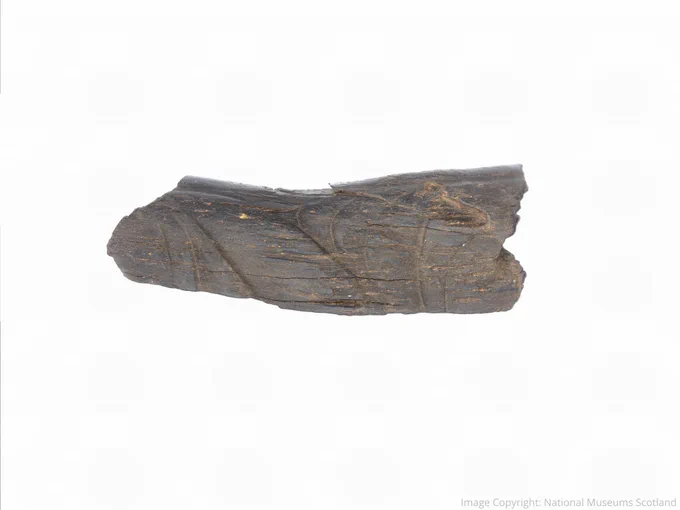 Shale bangle fragment decorated with hand-carved Celtic art motifs (including crescent motifs, scroll designs and curved lines)