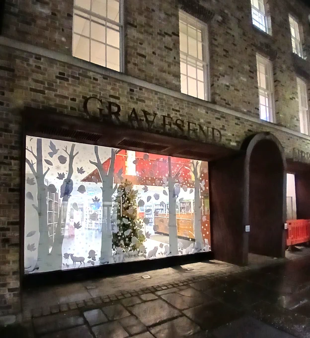 Gravesend Library lights up to support Spellow Library, with fairy lights and a Christmas tree shining through the large high street window