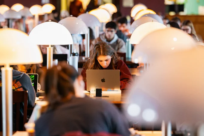 Students studying in Torgersen bridge