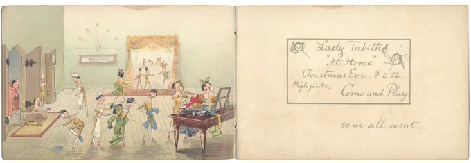 Illustration of peg dolls getting themselves ready for a Christmas Eve party.