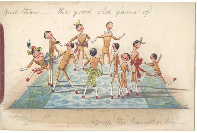 Illustration of peg dolls in a circle playing 'Drop the Handkerchief'.