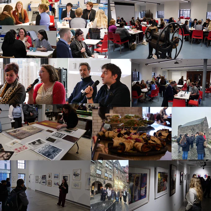 a photo collage of several photos of a careers focused networking event. The top 2 rows of images contain photos of people chatting to each other at various tables with red chairs. The lower 2 rows show photos of people attending a tour of a printmaking studio and a castle