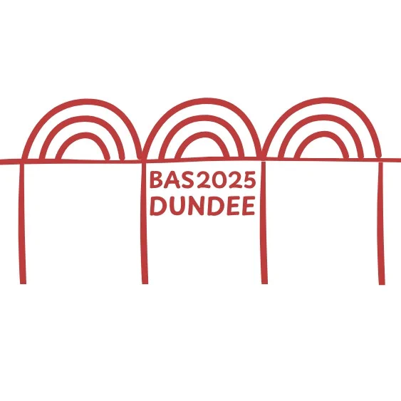 Red logo showing a rail bridge icon with three rainbow-esque arcs representing the sides of the bridge. Text reads "BAS2025 DUNDEE"