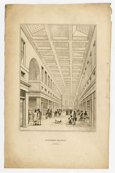 19th Century illustration of the Butchers Market (now Grainger Market) in Newcastle. Ref. Local Illustration ILL/11/204.