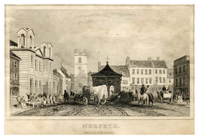 19th Century illustration of the Market Place in Morpeth. Ref. Local Illustration ILL/1/142.