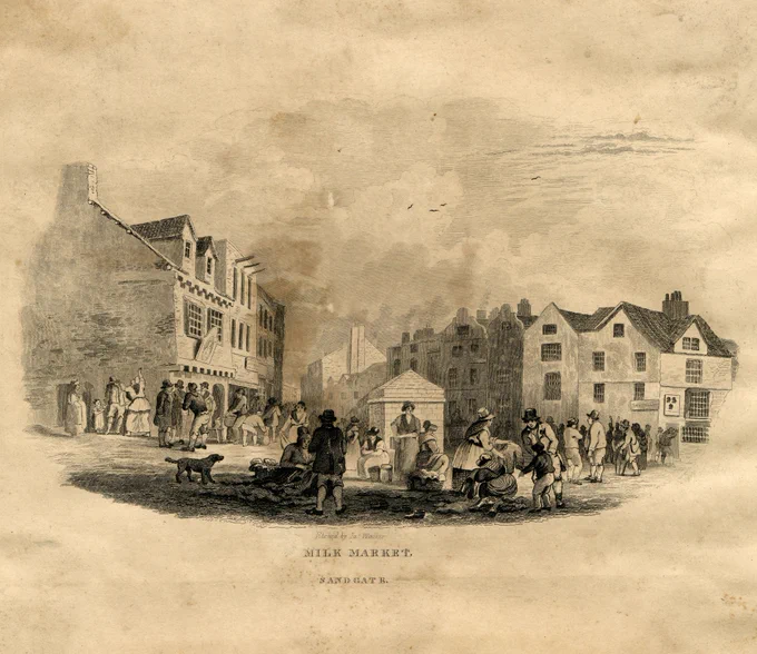 19th Century illustration of the Milk Market at Sandgate in Newcastle. Ref. Local Illustration ILL/11/207.