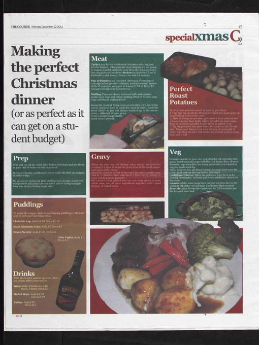 Page from the December 2011 edition of the Courier newspaper including a recipe for 'making the perfect Christmas dinner'. The recipe includes sections prep, meat, gravy, roast potatoes, veg, puddings and drinks, and includes several photographs of the elements.