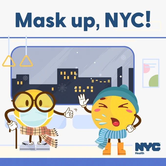 Illustration of two emojis on the subway, one is wearing a mask. The other is sick and not wearing a mask. Text reads: Mask up, N Y C! N Y C Health logo. 