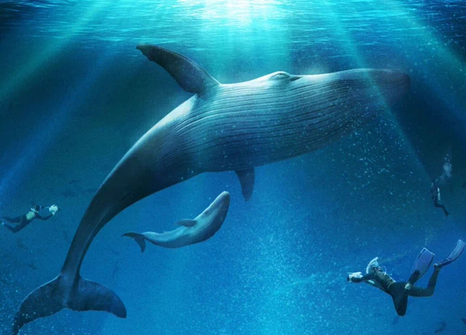 Image of a diver swimming with a whale, from Wevr's immersive experience, TheBlu. 