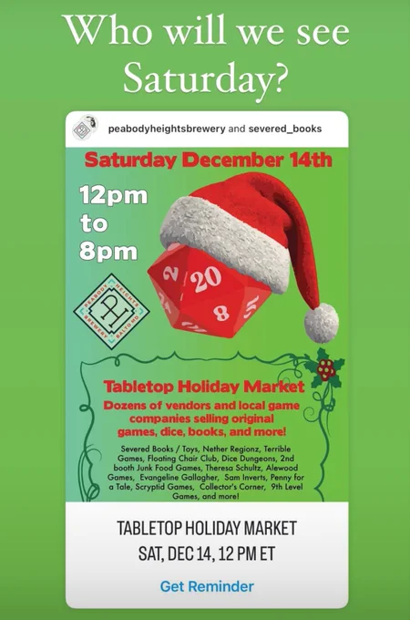An ad with a D20 in a Santa hat and other festive holiday cheer.