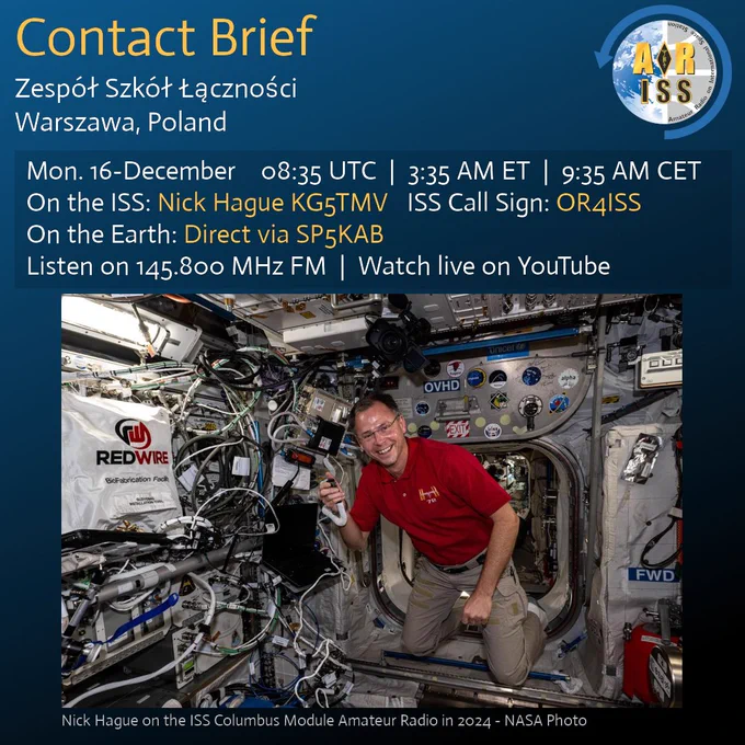 Contact Brief for an ARISS communication event on December 16, 2024, at 08:35 UTC (3:35 AM ET, 9:35 AM CET). The event involves astronaut Nick Hague (KG5TMV) from the ISS Columbus module, using the ISS call sign OR4ISS, and the ground station SP5KAB in Warsaw, Poland. The image features Nick Hague inside the ISS, dressed in a red polo shirt and beige pants, interacting with equipment in the module. Listeners can tune in via 145.800 MHz FM or watch live on YouTube.