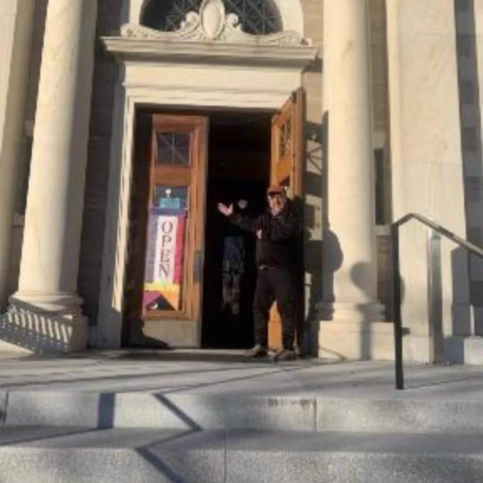 Patrick Hollenback in front of the Ramsdell Public Library in Housatonic. Photo courtesy of Hollenbeck.