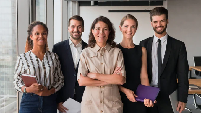 Group of five professionals smiling in an office setting, each holding digital tablets or notebooks.