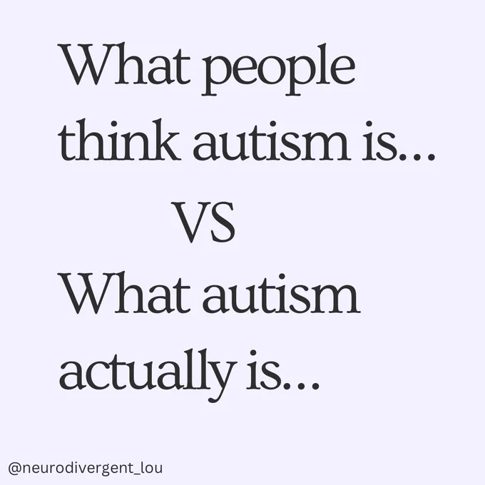 All slides have a light purple background with black text. All slides have my username @neurodivergent_lou in the bottom left hand corner. Slide 1: text reads - what people think autism is vs what it actually is.