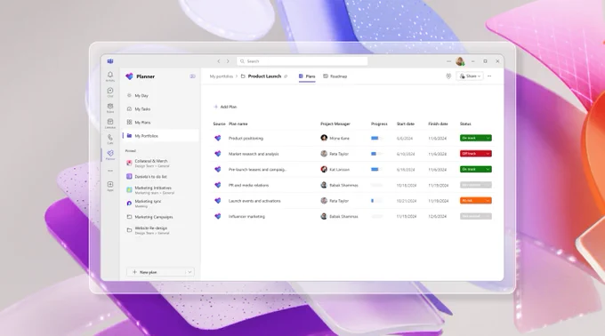 A screenshot of Planner in Microsoft Teams shows the Plans view for the new Portfolios feature. Background includes shapes in different shades of red,pink,and purple.