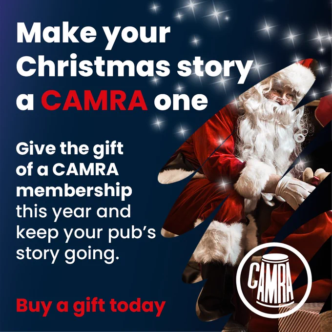 Santa Clause with a sack of presents in the right hand side. White and red text on a dark blue background advertises a CAMRA gift membership. CAMRA logo in bottom right corner.