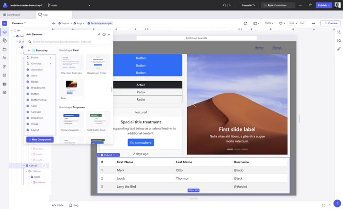 A screenshot showing Bootstrap React being used inside of project in Codux