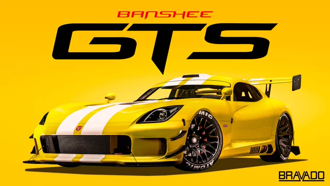 A yellow Bravado Banshee GTS with white racing stripes.