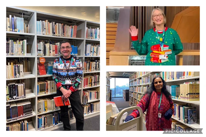 Collage of 3 staff wearing festive clothing around the library
