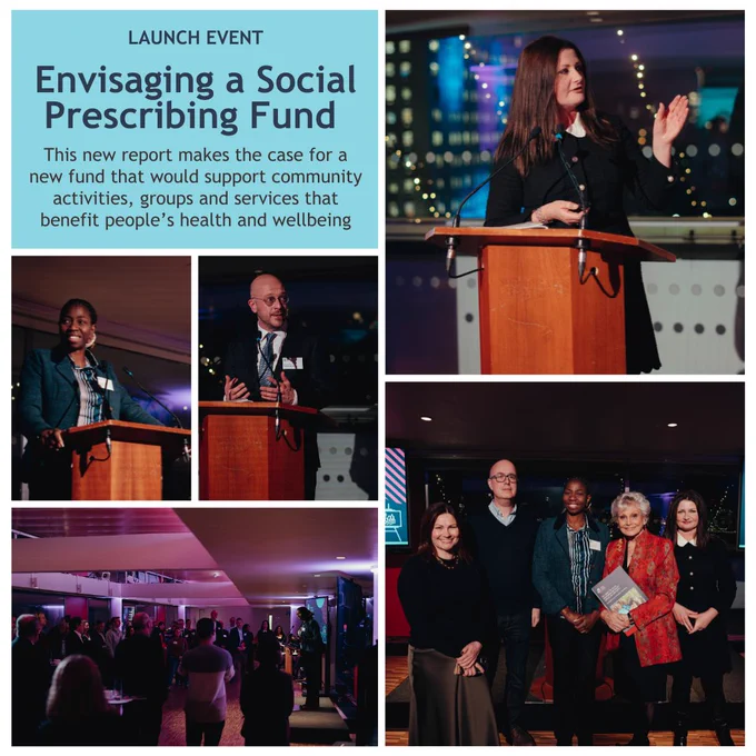 Images from an event people speaking to audience and audience watching. Text reads: Launch event - Envisaging a social prescribing fund. This new report makes the case for a new fund that would support community activities, groups and services that benefit people’s health and wellbeing