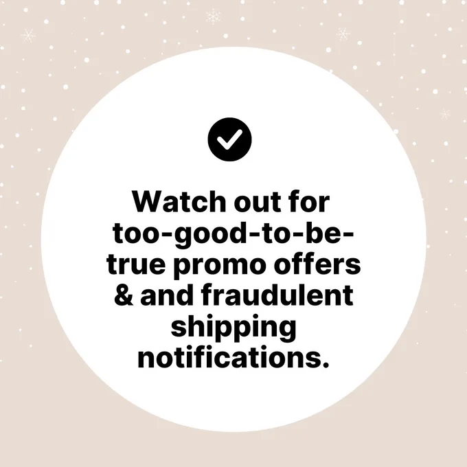 A beige background with small white snowflakes scattered across it. In the center, a large white circle contains a black checkmark icon at the top. Below, bold black text reads, “Watch out for too-good-to-be-true promo offers & and fraudulent shipping notifications.”
