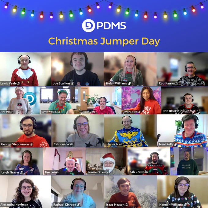 A screenshot from a Teams call of PDMS staff in Christmas jumpers