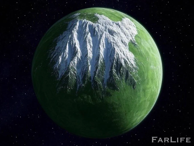 AI image of an exoplanet in space with a large mountain range, edited by FarLife.