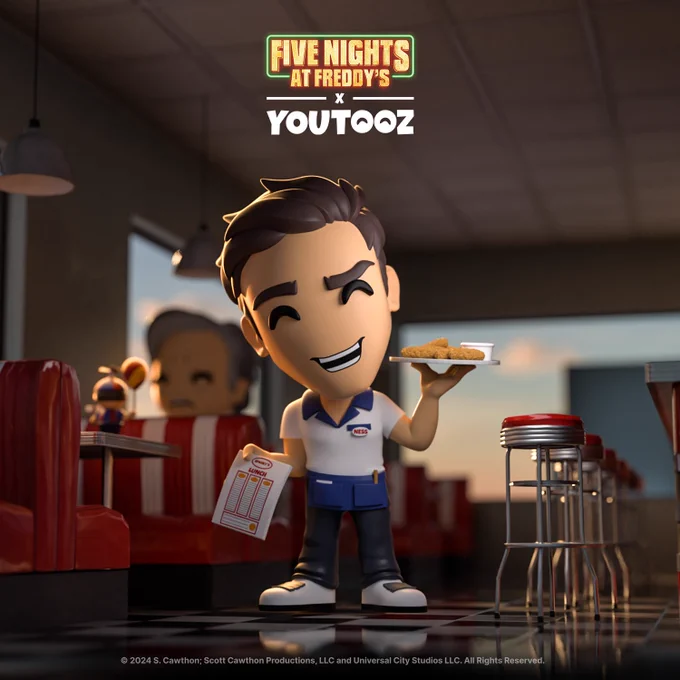 MatPat as Ness in Sparky's Diner from the FNAF Movie. In the background is a mysterious Balloon Boy and the Doug YouTooz waiting for his apps.
