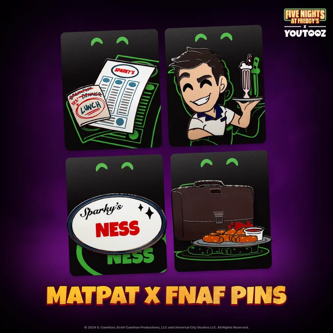 Four YouTooz pins. One of the Sparky's menu and a note reminding you that lunch is the best meal. Another of Ness holding a milkshake. The third is Ness' name tag. And the fourth is of Doug's briefcase with the apps he was waiting for.