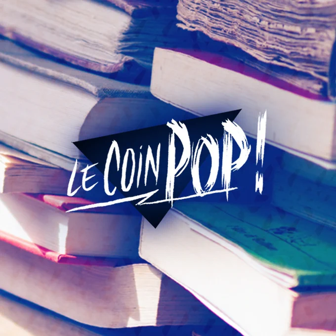 Logo du Coin Lecture, composé du logo du Coin Pop surimprimé sur une pile de livres