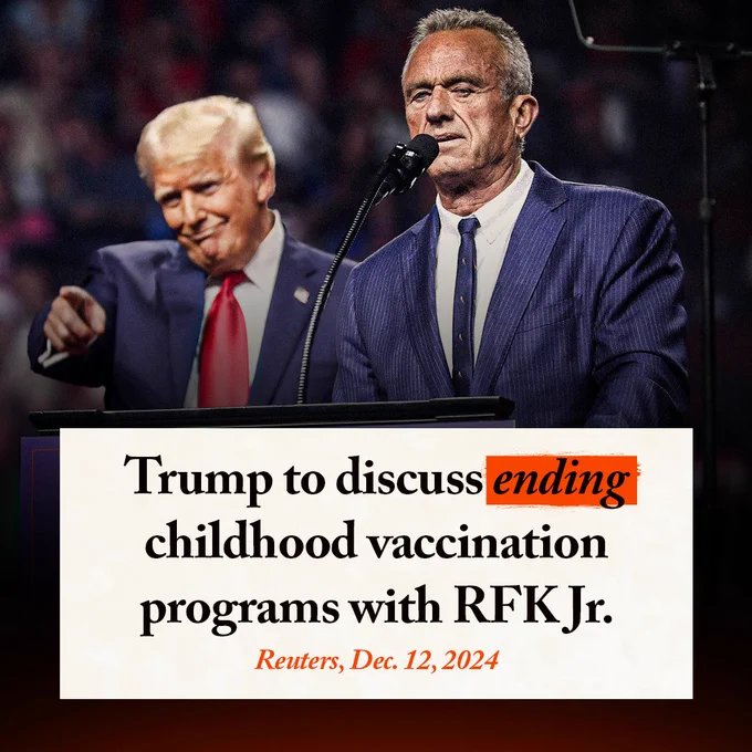 An image featuring Donald Trump and Robert F. Kennedy Jr. at a public event. Trump stands in the background, smirking and pointing towards the camera, while RFK Jr. stands at a podium, speaking into a microphone. The text overlay reads, 'Trump to discuss ending childhood vaccination programs with RFK Jr.' with 'ending' highlighted in orange. Below the text, it cites Reuters, Dec. 12, 2024.