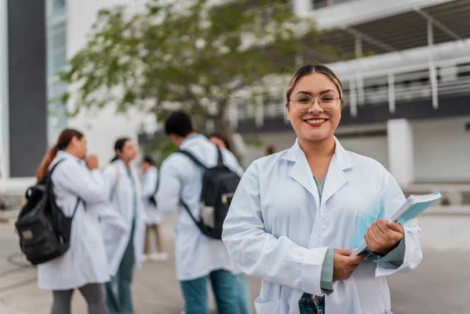 Smiling medical professional dressed in a white lab coat holding a clipboard with colleagues in the background outside a hospital.