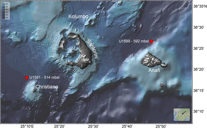 Bathymetric map of the CSKVF with locations of Sites U1591 and U1599. Inset: location map. Created with GeoMapApp (Ryan et al., 2009).