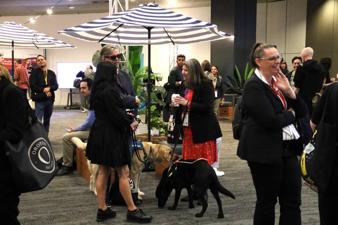 Small groups of people standing and sitting around chatting. One group includes 2 assistance dogs investigating while their handles chat. There are a couple beach umbrellas and plants scattered around.