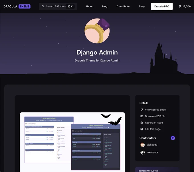 screenshot of https://draculatheme.com/django-admin