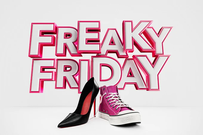 A photo showing the words Freaky Friday in big red lettering, with two shoes underneath them 