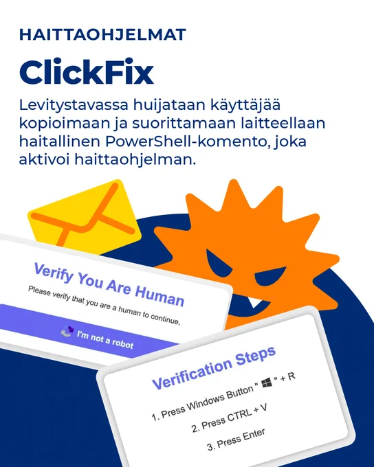 Haittaohjelmat: ClickFix. Levitystavassa huijataan käyttäjää kopioimaan ja suorittamaan laiteellaan haitallinen PowerShell-komento, joka aktivoi haittaohjelman.