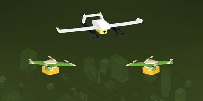 Animation of three delivery drones with parcels