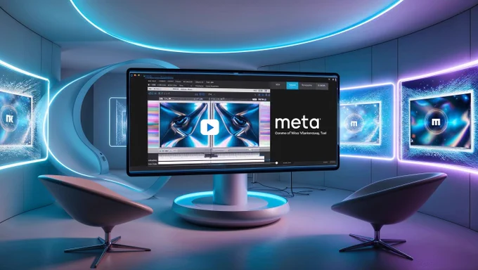 A hyper-realistic scene showcasing Meta's AI-generated video watermarking tool. The futuristic setup includes glowing holographic screens displaying video frames with dynamic watermarks being applied. The Meta logo is integrated into the tool's sleek interface. The environment is a high-tech editing suite illuminated by neon blue and purple lights, exuding innovation and the importance of secure and authentic digital content.