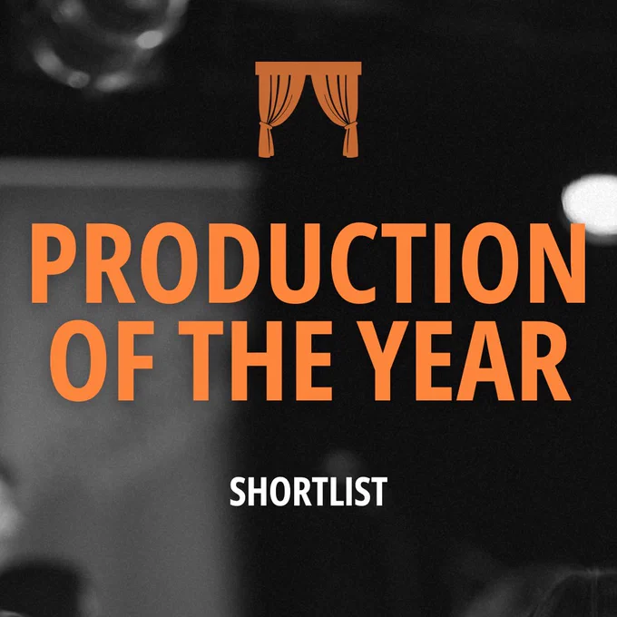 Black and white grainy image from Framework Festival 2024 with text “Production of the Year Shortlist” under the Production of the Year logo (symbol of theatre curtains).