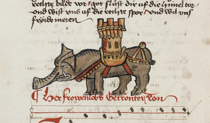 Ausschnitt aus einer Donaueschinger Liederhandschrift (Cod. Donaueschingen 120). Zu sehen sind ein Kriegselefant, ein Teil eines Textes und eine Notation.