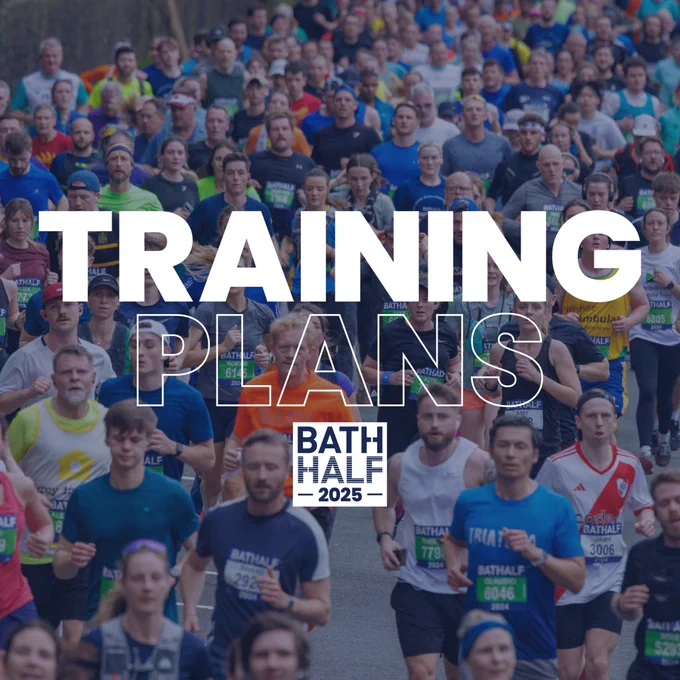 An asset to promote training plans for the 2025 Bath Half.

The graphic features a blue graded photo of participants running at the 2024 Bath Half.

There is text over the top of the asset that reads "TRAINING PLANS".

The 2025 Bath Half logo is also in the centre of the asset.