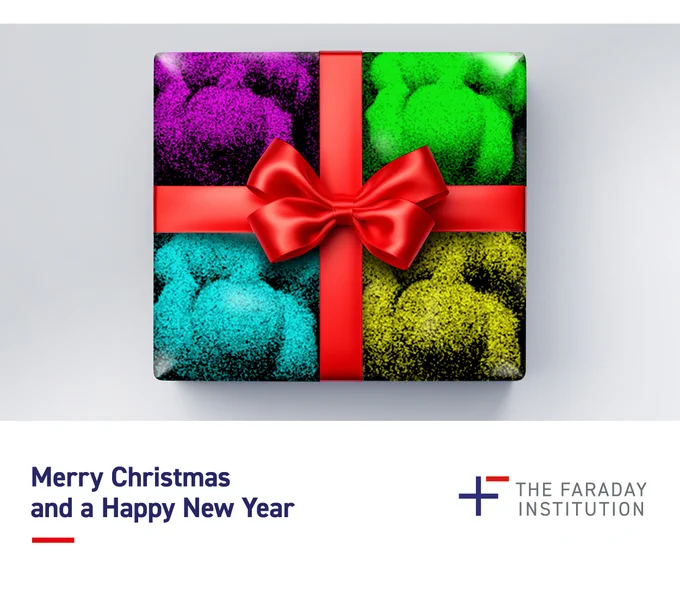 A social media card wishing "Merry Christmas and a Happy New Year" by the Faraday Institution.  The festive wrapping paper of our Christmas card are energy dispersive X-ray (EDX) images are of the Li-rich cathode Li1.2Ni0.13Co0.13Mn0.54O2 showing elemental distribution of the transition metals and oxygen within the particles.  