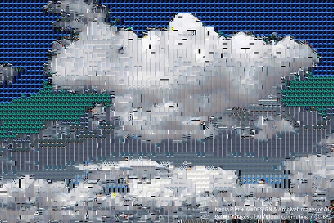 A mosaic-like image of clouds, made of server and data center components, symbolizing the hidden physical infrastructure of cloud computing. Nadia Piet   AIxDESIGN & Archival Images of AI / Better Images of AI / Cloud Computing  / CC-BY 4.0