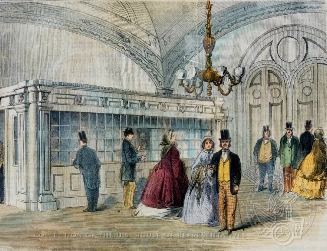 19th century print of people at a post office