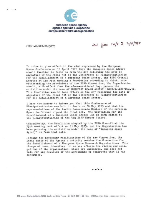 ESA circular letter announcing that the ESA Convention had been signed 30 May and that ESA was operating from 31 May 1975.