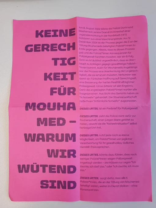 Flugblatt, dass auf der Demonstration verteilt wurde: "Warum wir Wütend sind" Thesen zum Urteil, Fragen und Forderungen.